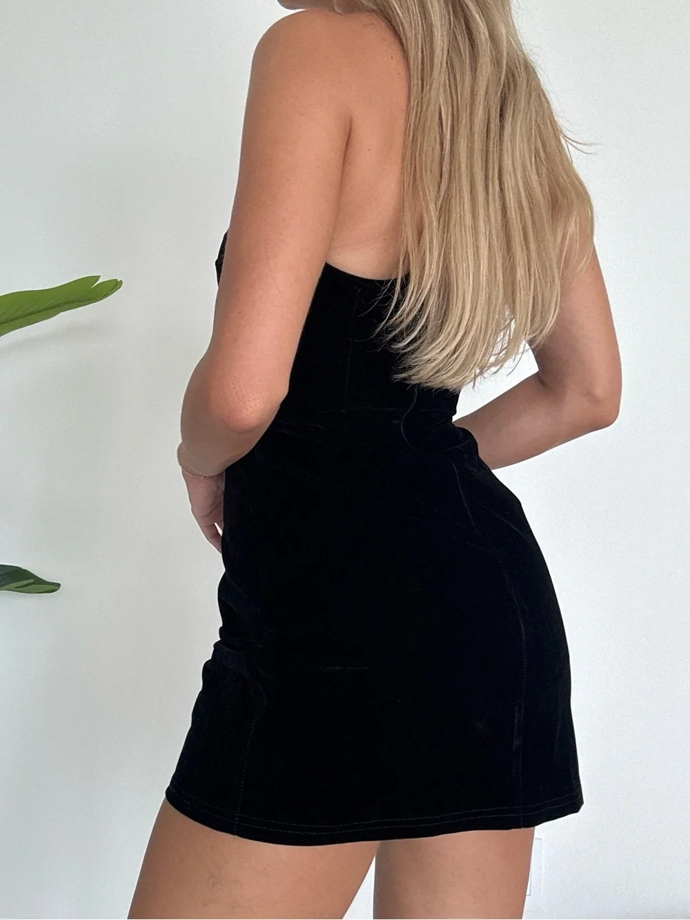 More to Come Strapless Black Velvet Mini Dress with Heart Cutout